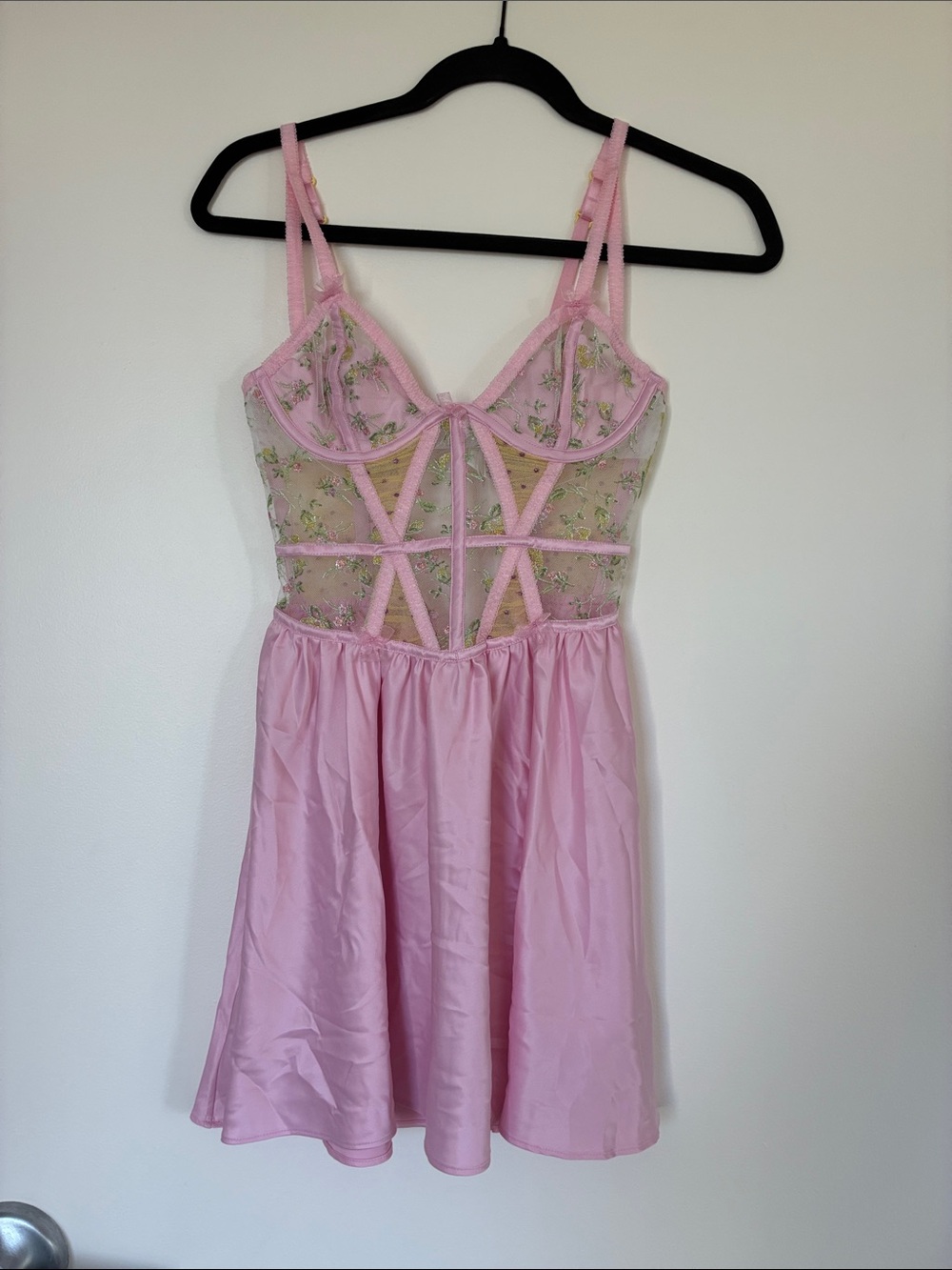 For Love And Lemons Pink Embroidered Mesh & Satin Slip